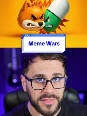 The top half of the image features a dynamic illustration of two animated characters in a fight. On the left, an orange dog-like character with an angry expression and on the right, a green and white capsule. Below this, the image is split horizontally displaying the creator's face, he's wearing glasses and looking towards the camera.