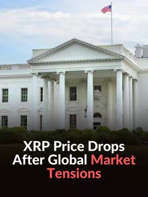 The cover image shows the White House with an American flag waving on top. The text overlay highlights the topic of XRP price drops due to global market tensions.