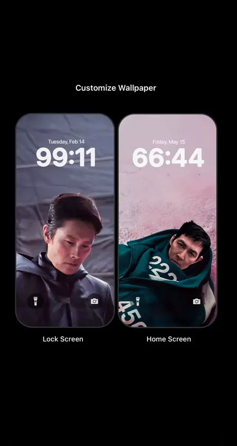 The image showcases a smartphone screen customization, presenting two lock screens side-by-side against a black background. The left screen displays a man's face, likely from "Squid Game," with the time. The right screen features another character from the show within a green jumpsuit with the time. The text overlays 'Customize Wallpaper' above the screens and 'Lock Screen' and 'Home Screen' below the screen previews.