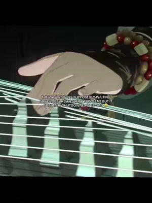 An animated hand with bracelet playing a digital instrument against a backdrop of abstract and blurred background, suggesting a game or digital interface. The foreground features animated strings representing the interface or game.