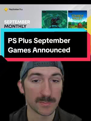 The cover image features a man in a baseball cap in front of a black background. Above him, there's a layer with the PlayStation Plus logo, an announcement, and visuals of several video games.