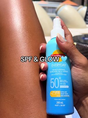 A close-up shot of a person's leg, with moisturized, glowing skin. The person holds a blue suncare milk spray bottle, with 'SPF & GLOW' text overlaid. In the background, blurred elements suggest a beach setting.