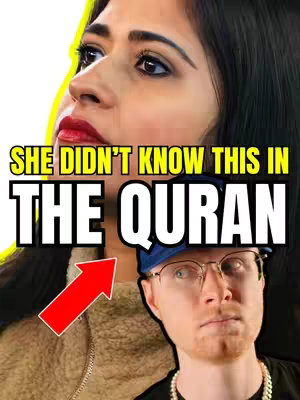 A split-screen image with a woman on the left, looking up with a worried expression, and a man on the right, wearing glasses and a hat, looking directly at the viewer. Overlay text in bold yellow and white lettering includes the phrases “SHE DIDN'T KNOW THIS IN” above and “THE QURAN” in a larger font, and the text “The Quran Admits THIS About Jesus”