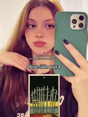 A young woman holding a phone in front of her face, capturing a selfie-style image. The background is blurred, and she is holding up a tarot card with the Ten of Swords dramatically displayed in the foreground. Text overlays are visible, including a title and additional information in a smaller font.