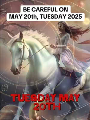 A digitally painted image against a mystical, fantasy backdrop. A woman rides a white horse through the air, suggesting celestial travel or a mythical quest. The color scheme is soft, with a balance of light and shadow. The text 'BE CAREFUL ON MAY 20th, TUESDAY 2025' overlays this image in the upper and lower parts.