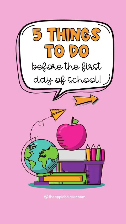 An illustrated image on a pink background, featuring school-related elements like a globe, books, pencils, and an apple. The main text is inside a speech bubble, and there's an arrow and a paper airplane.