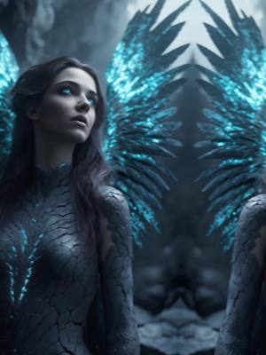 A digital artwork featuring a woman with fantasy elements. She stands with glowing blue wings symmetrically mirrored on either side of her. The woman's skin has a textured appearance, and she is dressed in a dark, textured garment. She looks upward with a thoughtful expression, and the background has a blurred, shadowy aesthetic, with shades of gray and blue creating depth and a sense of mystique.
