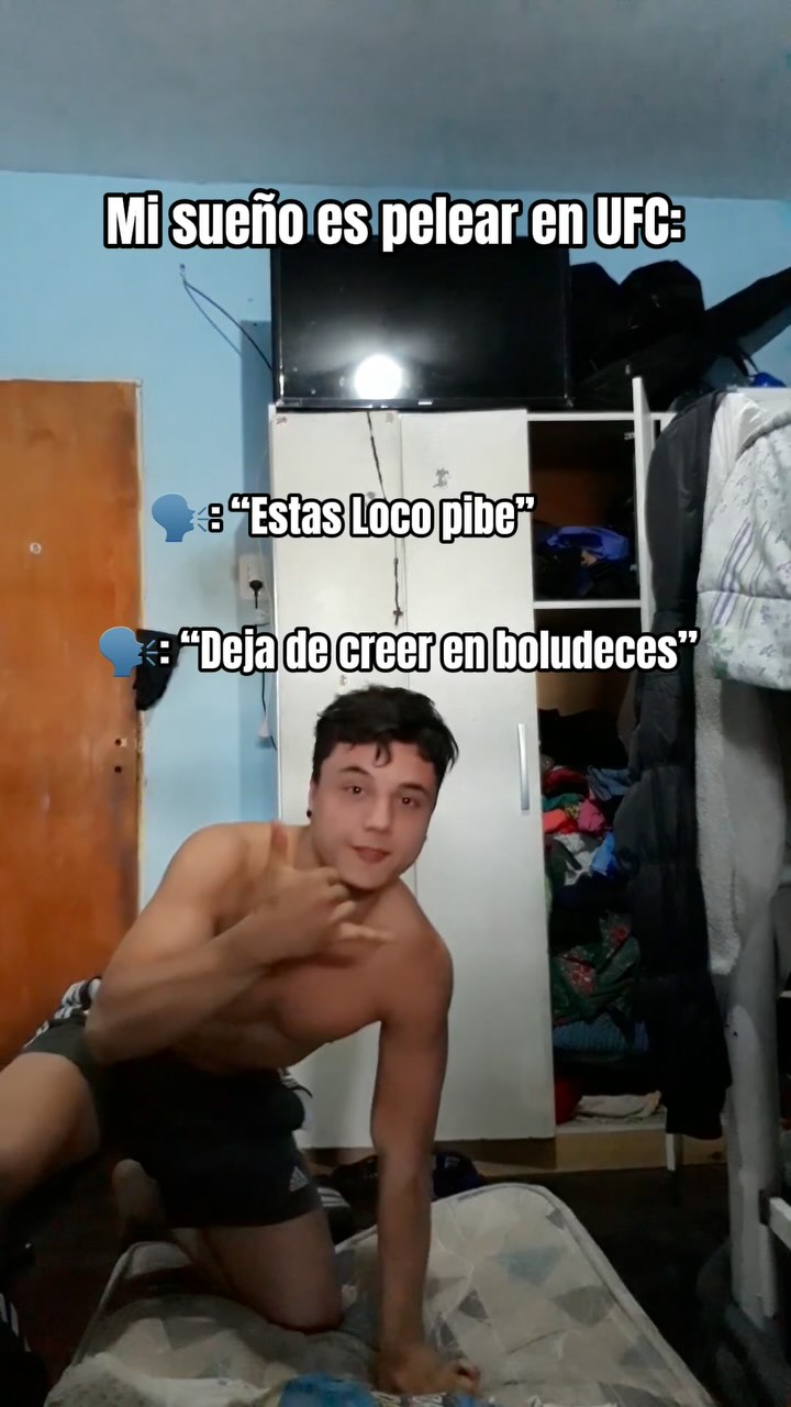 A young man, shirtless but wearing dark shorts, poses in a messy room with a partially made bed. Text overlays display quotes related to pursuing dreams in a humorous format.