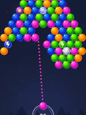 The cover image displays a mobile game interface. A grid of colorful bubbles of various colors like pink, orange, green, blue, and white are arranged at the top. A dotted line extends from the bottom towards the bubble array, indicating the trajectory of a pink bubble. The background is a dark blue gradient.