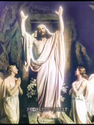 The cover image shows a digitally-enhanced depiction of Jesus Christ with his arms raised, bathed in a bright light. Two angels are positioned on either side of him, also in a bright light. The scene is set in what appears to be a carved-out grotto or tomb. The text 'PEOPLEOFCHRIST' is added at the bottom.