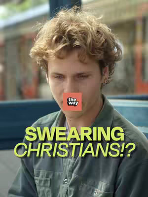 A young man with curly blond hair is in the foreground, looking downwards. He is wearing a green collared shirt. A logo covers part of his mouth. Overlaid on the image is large, yellow text.