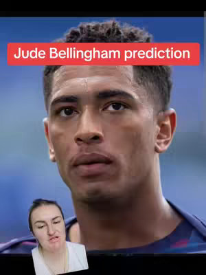 The cover image shows a medium shot of Jude Bellingham looking slightly upwards, with text overlayed across the top in a red rectangle that says 'Jude Bellingham prediction'. In the bottom left corner there is a small image of a female figure.