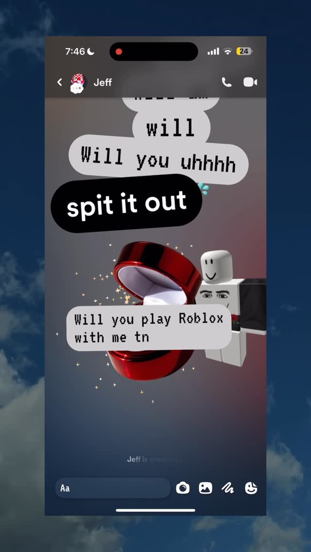 The image shows a mobile phone screen simulating a chat conversation. A Roblox-styled avatar with a red ring box is featured. Text bubbles contain messages. The background shows a gradient from blue to a darker tone.