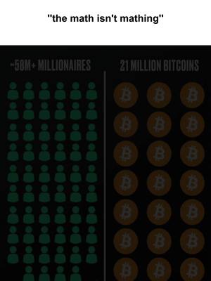 A visual comparison on a dark background, divided into two columns. The left side shows rows of small green figures labeled with "-58M+ MILLIONAIRES." The right side displays rows of golden, Bitcoin symbol coins, representing "21 MILLION BITCOINS."