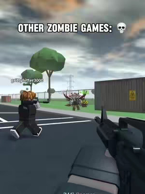 The cover image is a screenshot from a Roblox game, depicting a first-person shooter perspective. The scene shows a player character in a dark outfit with an unseen weapon, walking toward the left of the frame. In the background, there's a zombie-like character and building. The sky is overcast. Text overlayed in white, high up, says "OTHER ZOMBIE GAMES:" and a skull icon.