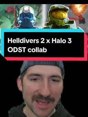 The cover image features a man with a beard and a black hoodie smiling at the camera. Behind him, there's an overlay with the text "Helldivers 2 x Halo 3 ODST collab" on a dark background combined with several images: two characters from the Halo franchise and one creature on a blurred background with flames.