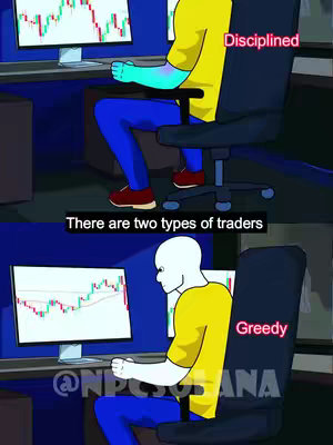 The cover image is a meme template. It is split into two panels. The top panel shows a cartoon figure facing a computer screen displaying a stock chart. The text overlay says, Disciplined. The bottom panel shows the same cartoon figure, but the text overlay says Greedy.