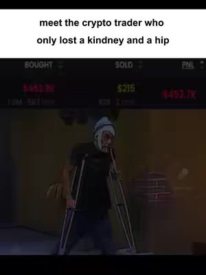 The cover image shows a person with crutches standing in a dimly lit space with a brick structure visible on the right. Text overlays at the top include a humorous statement about a crypto trader. A financial display panel with metrics is behind the character.