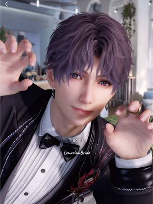 A digitally rendered image of a young man with lavender hair and fair skin, posing close to the camera with his hands extended. He is wearing a black tuxedo with a black bow tie and a white dress shirt. The background is a blurred interior scene, suggesting a wedding or formal event, and the text "Boo!" is overlaid on the image.