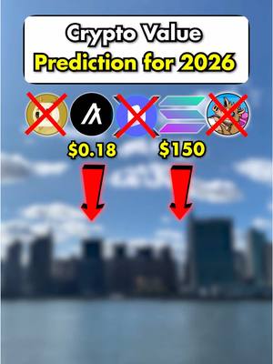 The image shows a city skyline with water in the foreground and a blue sky with clouds. Overlaid on the image is a graphic with a white background containing the text 'Crypto Value Prediction for 2026' in a bold, yellow font. Below this, various cryptocurrency logos are featured, each with an 'X' mark, and then a price prediction with a red downward arrow underneath. The logos include a gold coin with the bitcoin symbol, a black logo with a white 'A' inside, a logo with an 'X' symbol next to a blue background, a logo with multi-colored bars, and a cartoon image of a deer.