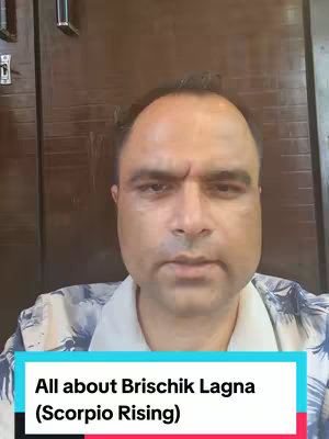 A man with short black hair and a shaved head looks at the camera. The background is a mid-brown wooden door. A hook at the bottom reads, 'All about Brischik Lagna (Scorpio Rising).'