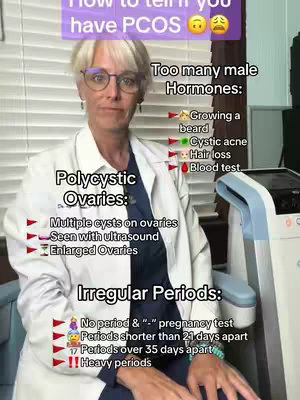 The image features a woman with short blonde hair and glasses, centered in the frame. Text overlays are displayed, presenting bullet points about PCOS. The background includes a medical setting with what appears to be a treatment machine on the right.