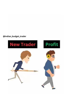 A cartoon illustration depicting a new trader chasing after profit. The image is set against a clean white background. It features two stick figures, cartoonish in style. The first figure, labeled 'New Trader' in a red box, is male, running to the left and holding a spear that is pointed towards the second figure. The second figure, labeled 'Profit' in a green box, is also male, and appears to be walking towards the right wearing headphones. The style of the image suggests the video may be about trading or finance.