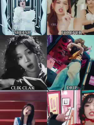 A grid of six video frames showing the artist, Ahyeon of BabyMonster, presumably in the middle of rap performances from various music videos. Each frame is a different snapshot in black and white or color. Text overlays with words like "SHEESH" and "FOREVER" are added to each frame.