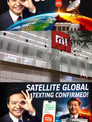 The cover image is a vertical composition of images, layering different scenes and figures. The top layer features a man in a suit looking through his fingers, mimicking binoculars. Behind him is a depiction of Earth, with a satellite and the White House. The middle layer presents a modern building with a large 'Xiaomi' logo. The final layer contains another image of a man looking through his fingers, alongside an image of another man. Both are using an ocular gesture. Below the men is shown what appears to be a smart phone displaying information. The top and bottom layers are connected by a white font that shows a tech headline. The color palette uses bright blues, yellows, and reds with darker neutral tones.