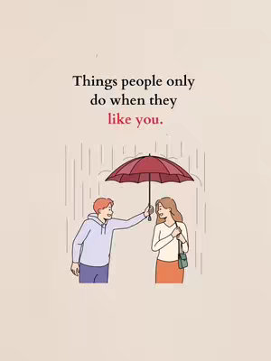 An illustrated image features a man and a woman in a sketched style. The man, with light hair and a light blue hoodie, is on the left, holding a dark red umbrella to shield the woman from the rain. The woman, with long brown hair, a white top, and an orange skirt, stands on the right, holding a black purse. Raindrops extend down from above, and the color palette is soft, featuring a pale orange background.