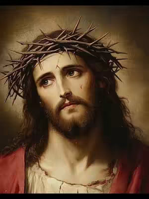 A classical painting of Jesus Christ, depicted with a crown of thorns and a sorrowful expression. His head is tilted slightly, and his eyes look towards the upper left. He has long brown hair and a beard. He wears a red cloak, and the background is a muted, warm tone.