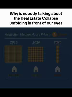 The cover image is a dark blue graphic showing a line graph that depicts the decline in Australian Median House Prices from 2016 to 2025. Above the graph is a text overlay in white, asking why people are not talking about the real estate collapse. The years are listed on the x axis, with the visual representation of house prices in blocks in the shape of a brick.