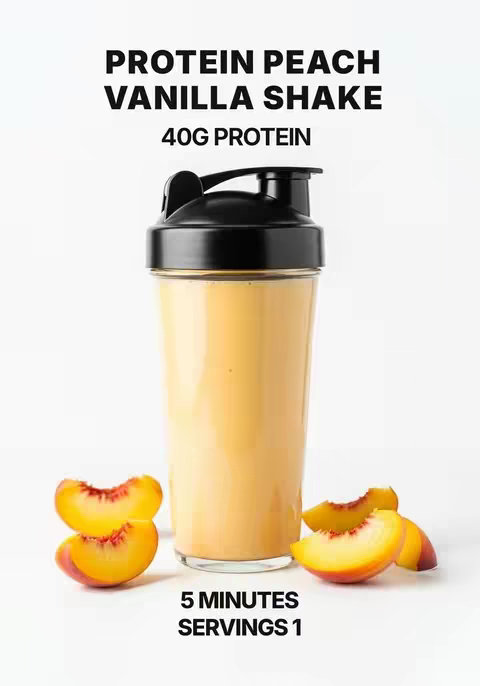 The image features a protein shake in a clear shaker bottle, with peach slices as a garnish. Text overlays include the shake's name, protein content, preparation time and serving information. The background is plain white.