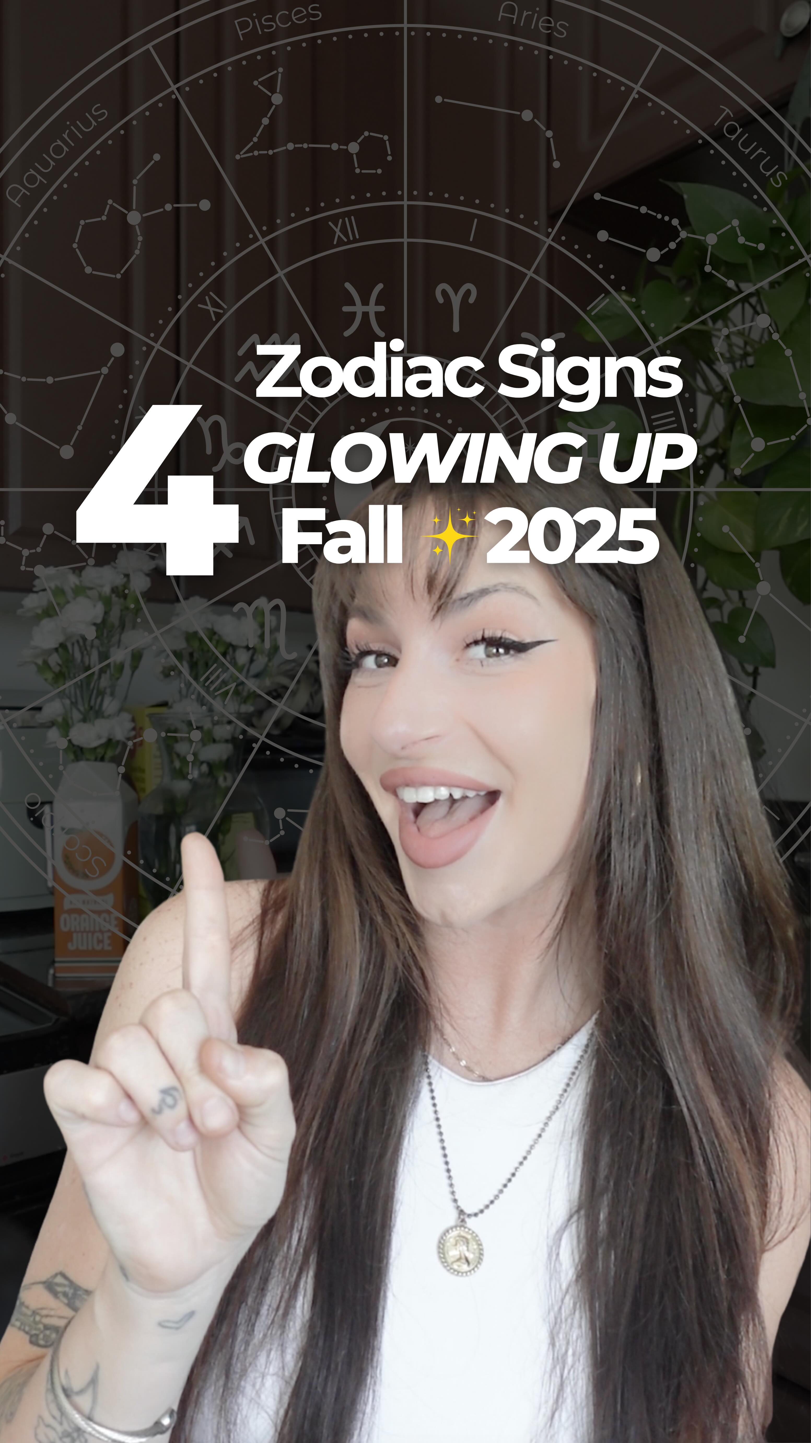 The cover image features a woman pointing upwards, with text overlays announcing the video's topic. The background includes a zodiac illustration and warm kitchen decor.