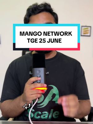 A man is holding a microphone, directly facing the camera. Above him, a cyan-backed text overlay displays a message. The composition is a medium shot, centered with a clear focus on the man and the text.