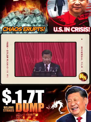 The cover image is a composite of different elements. The top row features a burning pile of money with the text 'CHAOS ERUPTS!' overlaid on it, and an image of a person walking with the text 'U.S. IN CRISIS!'. The middle section shows a slide of a person speaking in front of a red curtain in a retro-styled frame. The bottom part includes text '$1.7T DUMP' with an image of a dragon and portrait of a smiling man.