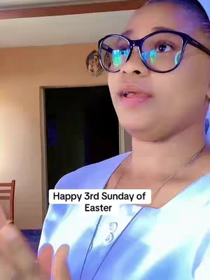 A woman with glasses is centered. Text overlayed at the bottom reads "Happy 3rd Sunday of Easter". A bible-image is located in the background