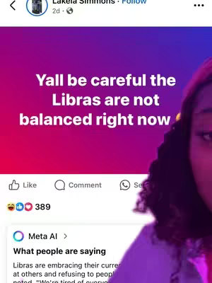 The image features a split background with shades of purple and red. The primary text overlay reads 'Yall be careful the Libras are not balanced right now' in white, bold font. The right side of the image shows a partially visible person. The bottom portion of the image includes a Facebook interface displaying reactions and comments.