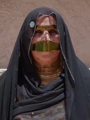 The cover image shows a woman wearing a traditional full-face covering, a black garment that obscures the majority of the face, except for the eyes. A gold mask covers the lower face. The background is a simple, light-brown solid color, putting focus on the woman's attire and face.