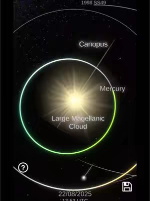 The image depicts a celestial scene against a dark background. The central focus is a brightly illuminated sun with radial flares extending outward from its core. Circling the sun is a large, vibrant, green-yellow gradient ring representing Mercury. Further out, white lines suggest celestial paths and include labels like 'Canopus,' 'Large Magellanic Cloud,' and '1998 SS49.'  At the bottom of the image are date and time stamps along with a save icon and question mark.
