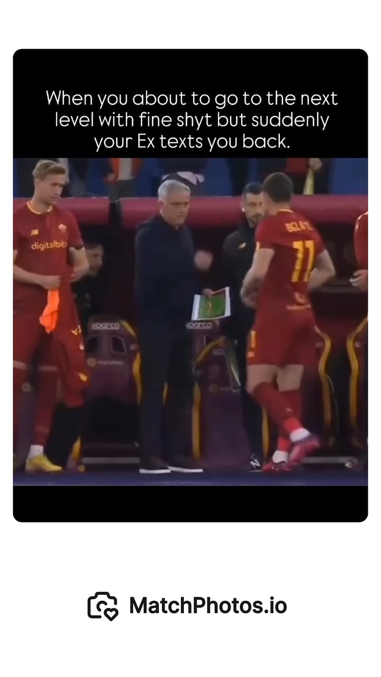 The image is a meme-style snapshot taken from a soccer game. It shows a coach interacting with a player on the sidelines, with text overlaid that mimics a relatable dating scenario with an ex. The composition uses a medium shot, framing the coach and player. The color palette appears realistic, dominated by the team colors. The overall layout seems casual with the primary focus being on evoking humor or relatability through the text.