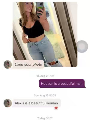 A selfie with a blonde woman in a black top and jeans is displayed, along with Hinge chat messages.