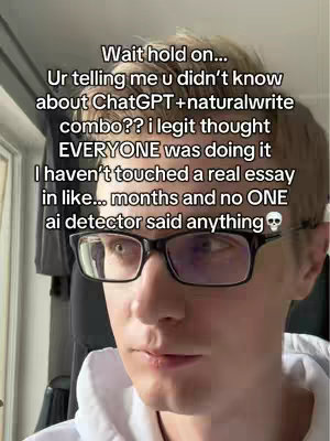 The cover image shows a close-up of a young man's face wearing glasses. He's looking slightly off-camera with a soft, neutral expression. Text overlays the image, containing questions and statements about ChatGPT and essay writing, with a general tone of surprise or disbelief.