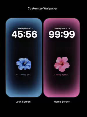The image is a phone lock screen and home screen comparison, featuring two phone screens side-by-side. The left screen has a blue gradient background with a blue flower and the text 'Lock Screen' below. The right screen has a pink gradient background with a pink flower and the text 'Home Screen'. Both screens display a date and time, and a quote relevant to a couple's relationship. The layout is symmetrical with a dark background.