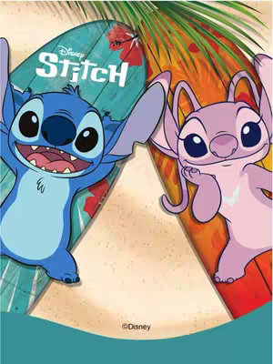 The cover image presents a vibrant, cartoon-style scene featuring the Disney characters Stitch and Angel against a sandy beach backdrop. Stitch, rendered in blue, is positioned to the left, playfully holding a teal surfboard. Angel, a pink alien, is on the right, also with a surfboard, her posture suggesting a relaxed pose. The surfboards lean against each other against a sandy beach backdrop, with palm leaves at the top. The layout is cheerful, with a bright and welcoming visual.