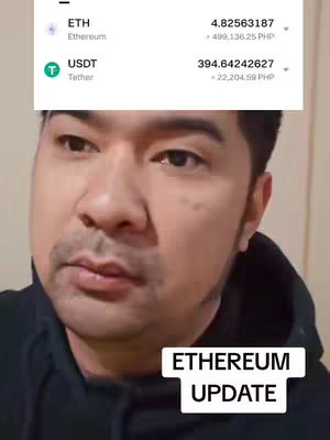 The cover image features a man in front of a blurred background, with a UI element showing the prices of ETH and USDT. Below the man is a white rectangle with the text "ETHEREUM UPDATE".