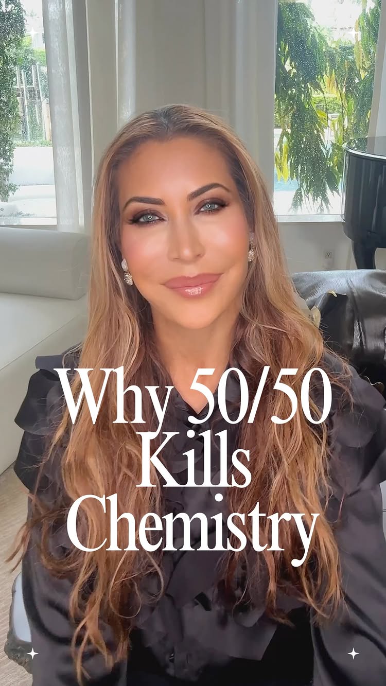 The cover image features a woman with long, light brown hair, styled with soft waves. She has fair skin, with visible makeup including blush and lipstick. The background is a blurred, neutral space with a window and light-colored curtains. White text reading 'Why 50/50 Kills Chemistry' is overlaid on the image.