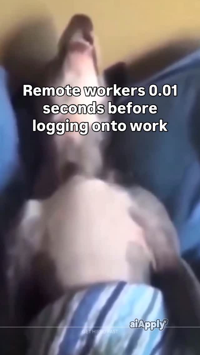 The cover image shows a person lying in bed, obscured by the camera angle and blurry focus. The foreground is dominated by a blue and white striped blanket, with the person's torso and head visible above. Text overlayed in white states "Remote workers 0.01 seconds before logging onto work". The background is neutral with warm tones.