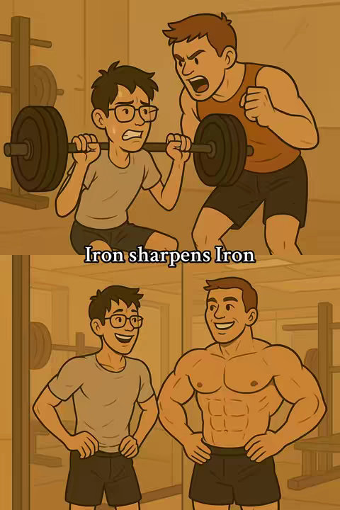 An illustrated image split into two panels shows a fitness-related scenario. The top half displays a person looking nervous, straining to lift a barbell with the help of another person who is yelling, presumably providing encouragement. The bottom half features the same two figures, transformed - appearing confident and muscular. The text "Iron sharpens Iron" is placed between the panels.