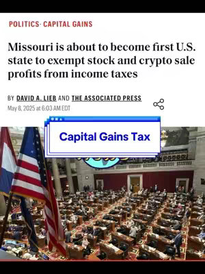 The image is a news article screenshot related to Missouri's new tax laws, featuring text over an image of a legislative assembly. The background shows rows of seats and people in a large hall, presumably the Missouri state legislature. The text at the top indicates it is a news article about capital gains. A blue text box is overlaid, highlighting 'Capital Gains Tax.' The overall presentation is professional, with a focus on disseminating information.